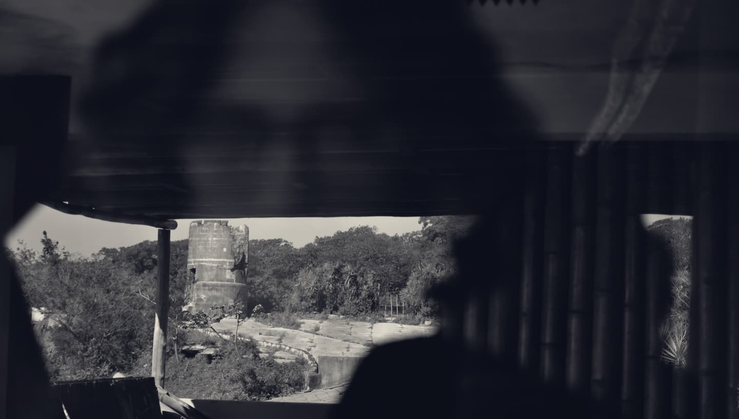 Una torre en ruinas entre árboles, vista a través de una ventana en la que se refleja el autor